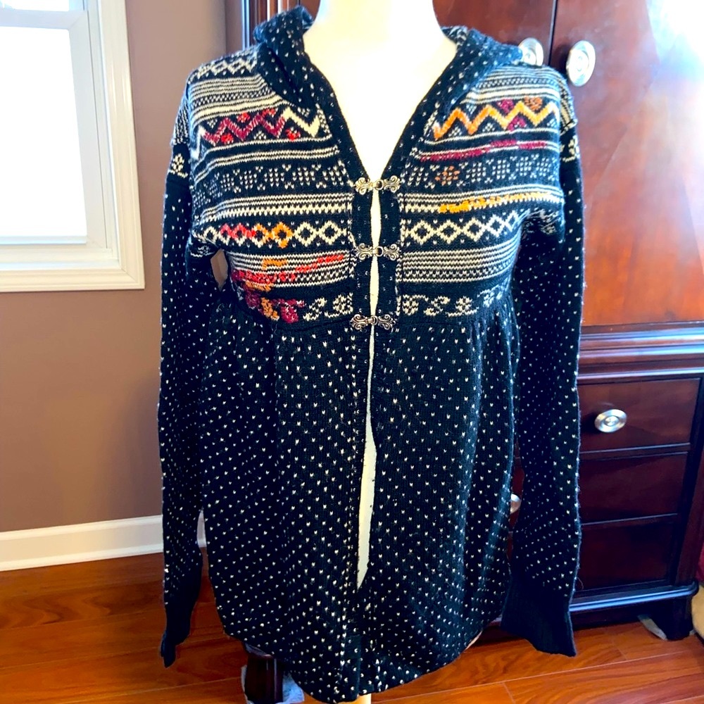 Free People Cardigan Sweater Jacket Hooded with beautiful metal hook closures.